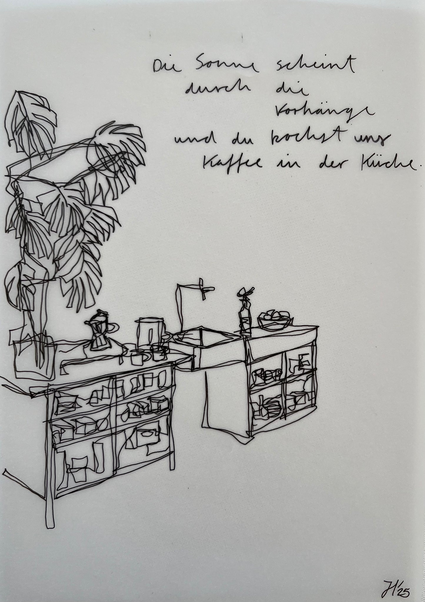 Die Sonne scheint durch die Vorhänge und du kochst uns Kaffee in der Küche.